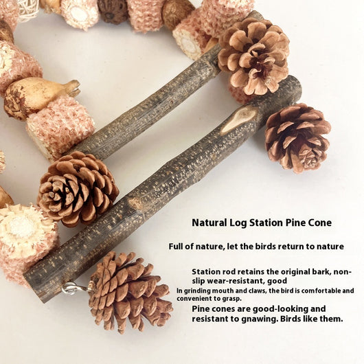 Natural wooden parrot swing with an arched top made of corn cobs, seed pods, and woven balls, featuring a log perch and two hanging pine cones. - Image 19