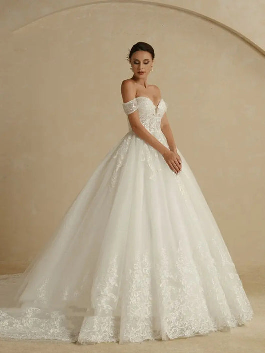 Vestido de Novia Elegante Hombros Descubiertos Estilo Corte Lujo Francés - Image 12