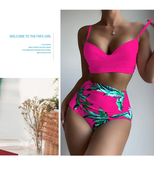 Woman wearing a bright yellow push-up bikini top and high-waisted bottoms with a green tropical leaf print. - Image 27
