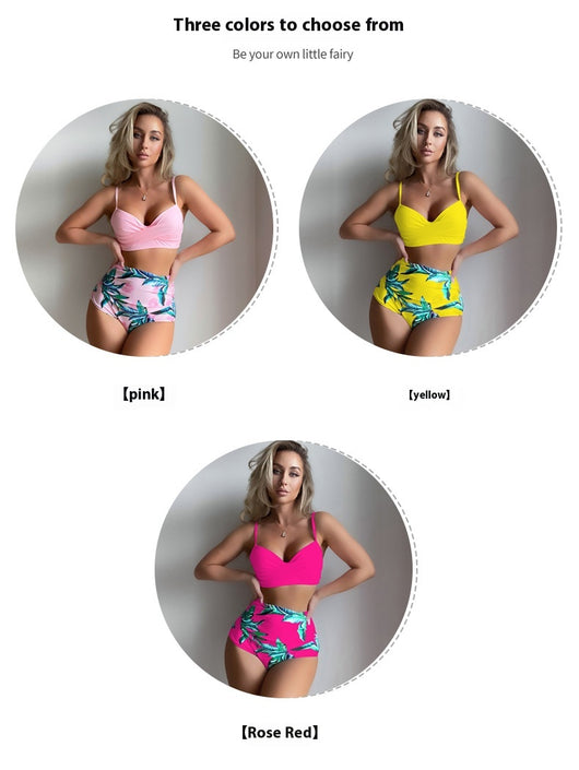 Woman wearing a bright yellow push-up bikini top and high-waisted bottoms with a green tropical leaf print. - Image 30