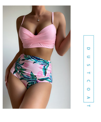 Woman wearing a bright yellow push-up bikini top and high-waisted bottoms with a green tropical leaf print. - Image 35