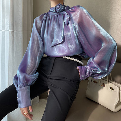 Blusa de Chifón Brillante con Mangas Largas para Mujer - Image 13