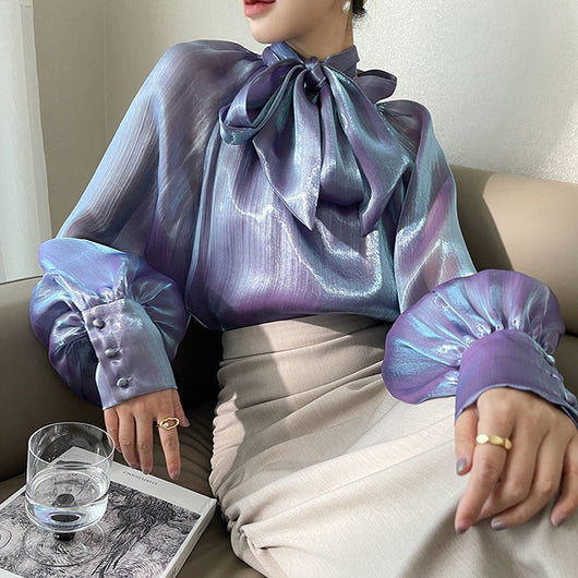 Blusa de Chifón Brillante con Mangas Largas para Mujer - Image 14