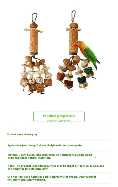 Hanging parrot chew toy made from natural wood slices, corncob, vine balls, and colorful textured blocks. - Image 14