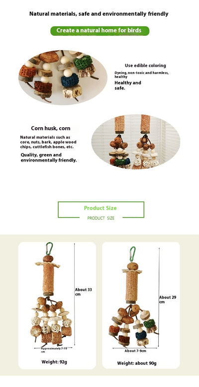 Hanging parrot chew toy made from natural wood slices, corncob, vine balls, and colorful textured blocks. - Image 17
