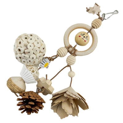 Natural ricepaperplant pith ball gnawing toy for parrots, featuring a braided top, wooden star, and 'short hair girl' design. - Image 21