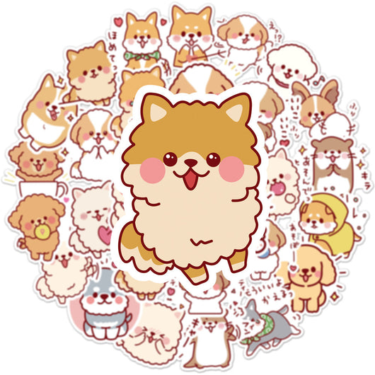 50 cute dog graffiti stickers featuring various cartoon dog breeds like Shiba Inu, Pomeranian, and Corgi. - Image 22
