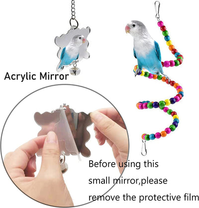7-piece set of colorful wooden parrot toys with bells, including swings, perches, and chew toys for bird cages. - Image 14