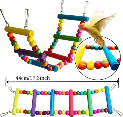 7-piece set of colorful wooden parrot toys with bells, including swings, perches, and chew toys for bird cages. - Image 16