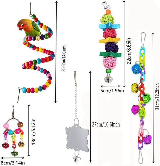 7-piece set of colorful wooden parrot toys with bells, including swings, perches, and chew toys for bird cages. - Image 17