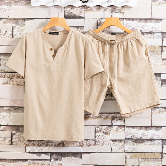 Set de Dos Camisetas de Algodón y Lino para Hombre - Colores Sólidos - Image 15