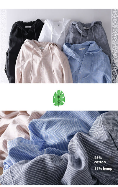 Camisa Casual con Capucha de Algodón y Lino para Hombre - Image 27