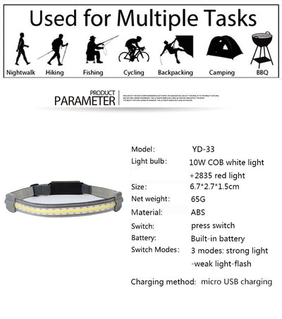 Linterna Frontal LED COB Recargable USB con Luz Roja de Advertencia - 3 Modos - Image 8