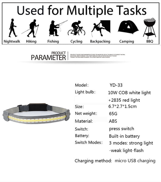 Linterna Frontal LED COB Recargable USB con Luz Roja de Advertencia - 3 Modos - Image 8