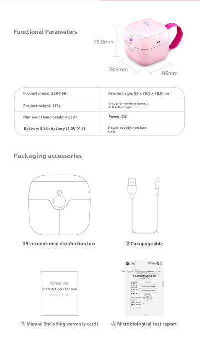 White 59 Seconds LED UV Mini Disinfection Box Pacifier Sterilizer with a grey carrying strap and ON/OFF button. - Image 9