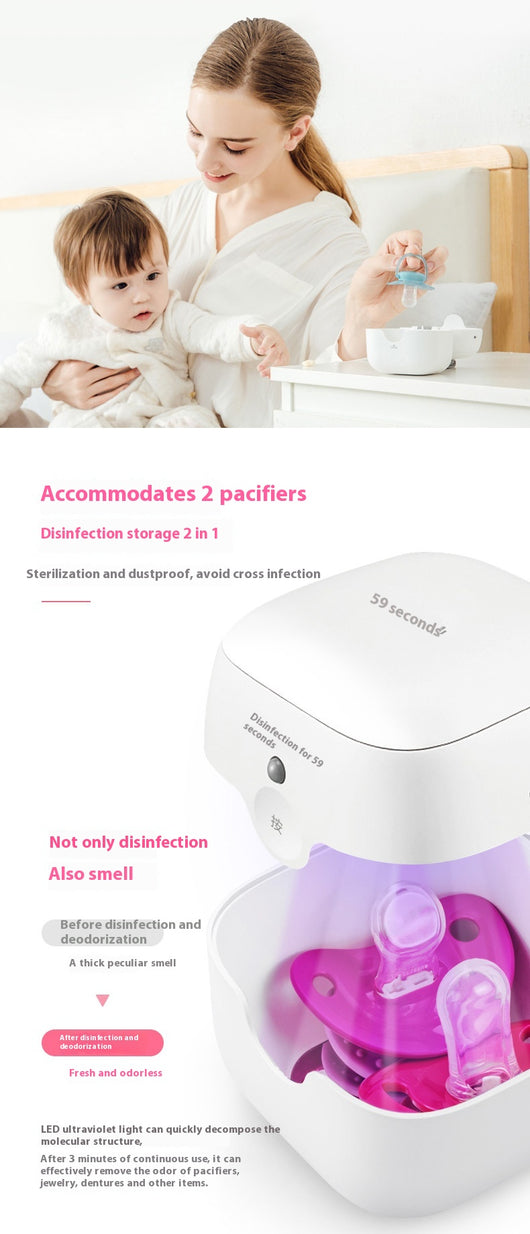 White 59 Seconds LED UV Mini Disinfection Box Pacifier Sterilizer with a grey carrying strap and ON/OFF button. - Image 12