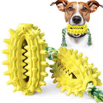 Two yellow spiky TPR dog chew toys with green and white braided rope, designed for dental cleaning. - Image 10