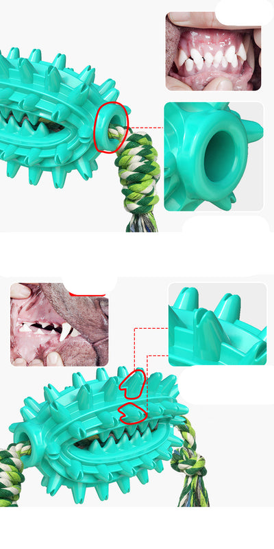 Two yellow spiky TPR dog chew toys with green and white braided rope, designed for dental cleaning. - Image 11