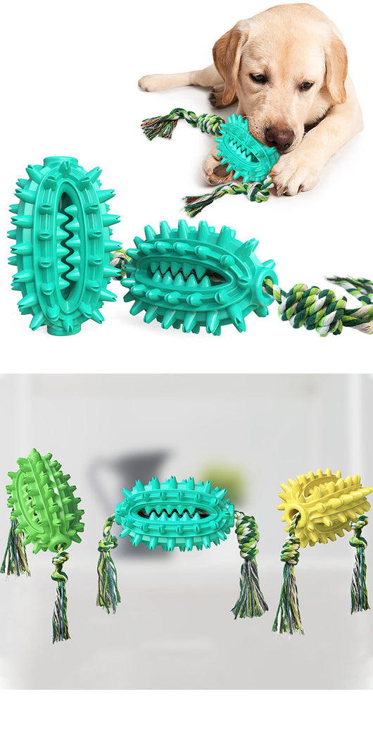 Two yellow spiky TPR dog chew toys with green and white braided rope, designed for dental cleaning. - Image 12