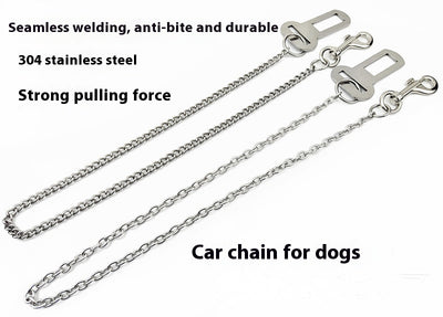 Stainless steel pet safety chain with a swivel snap hook and a seatbelt buckle attachment on a white background. - Image 11