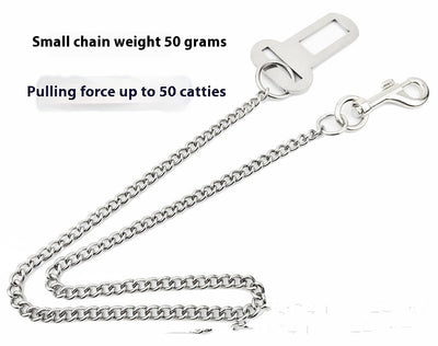 Stainless steel pet safety chain with a swivel snap hook and a seatbelt buckle attachment on a white background. - Image 12