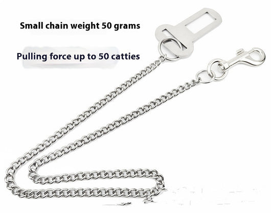Stainless steel pet safety chain with a swivel snap hook and a seatbelt buckle attachment on a white background. - Image 12