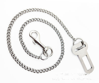 Stainless steel pet safety chain with a swivel snap hook and a seatbelt buckle attachment on a white background. - Image 13