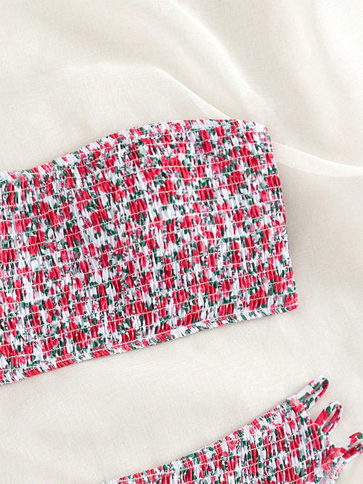 Floral smocked strapless bandeau bikini with high-cut bottoms featuring side straps, in white, teal, and red. - Image 12