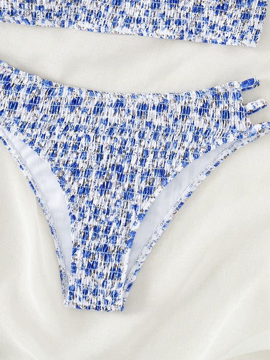 Floral smocked strapless bandeau bikini with high-cut bottoms featuring side straps, in white, teal, and red. - Image 13