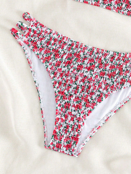 Floral smocked strapless bandeau bikini with high-cut bottoms featuring side straps, in white, teal, and red. - Image 16