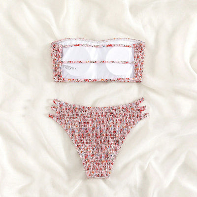 Floral smocked strapless bandeau bikini with high-cut bottoms featuring side straps, in white, teal, and red. - Image 17