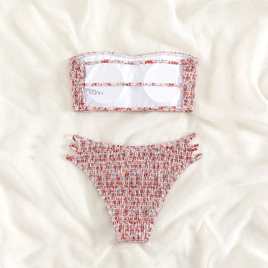 Floral smocked strapless bandeau bikini with high-cut bottoms featuring side straps, in white, teal, and red. - Image 17