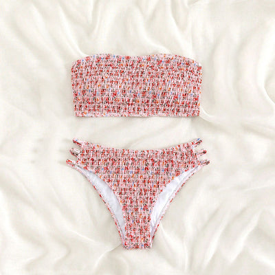 Floral smocked strapless bandeau bikini with high-cut bottoms featuring side straps, in white, teal, and red. - Image 18