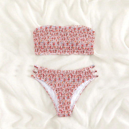 Floral smocked strapless bandeau bikini with high-cut bottoms featuring side straps, in white, teal, and red. - Image 18