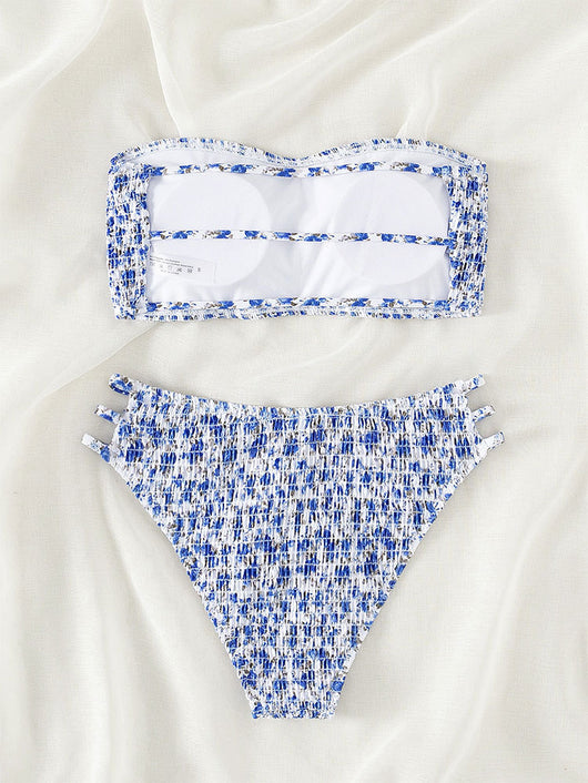 Floral smocked strapless bandeau bikini with high-cut bottoms featuring side straps, in white, teal, and red. - Image 19