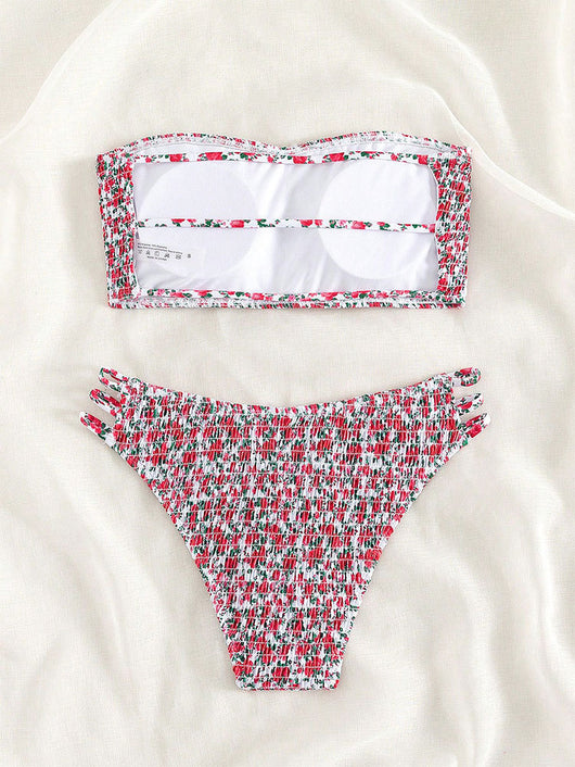 Floral smocked strapless bandeau bikini with high-cut bottoms featuring side straps, in white, teal, and red. - Image 20