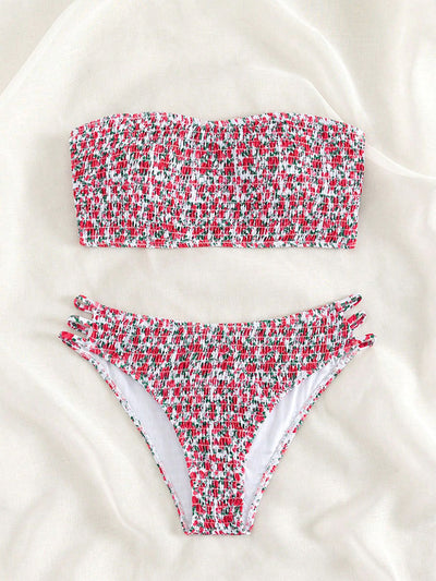 Floral smocked strapless bandeau bikini with high-cut bottoms featuring side straps, in white, teal, and red. - Image 21