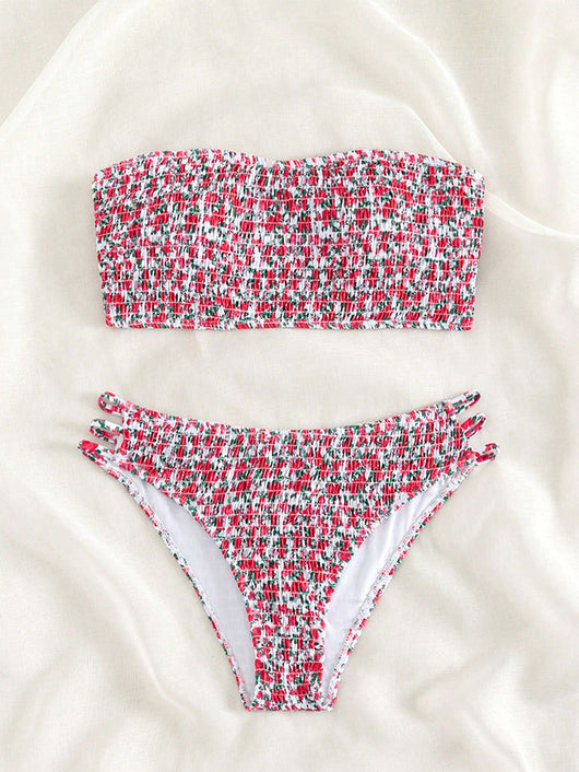 Floral smocked strapless bandeau bikini with high-cut bottoms featuring side straps, in white, teal, and red. - Image 21