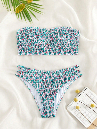 Floral smocked strapless bandeau bikini with high-cut bottoms featuring side straps, in white, teal, and red. - Image 22