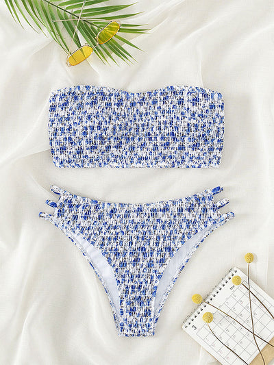 Floral smocked strapless bandeau bikini with high-cut bottoms featuring side straps, in white, teal, and red. - Image 23