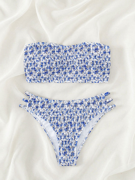 Floral smocked strapless bandeau bikini with high-cut bottoms featuring side straps, in white, teal, and red. - Image 24