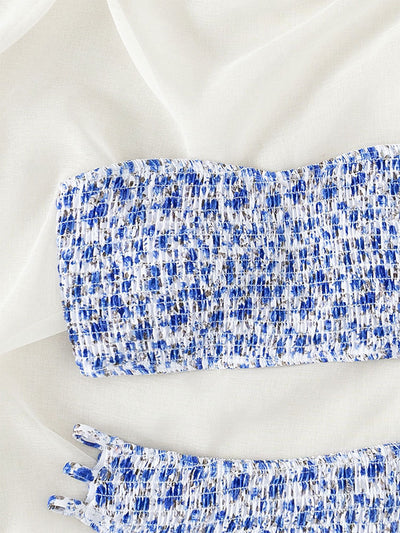 Floral smocked strapless bandeau bikini with high-cut bottoms featuring side straps, in white, teal, and red. - Image 25