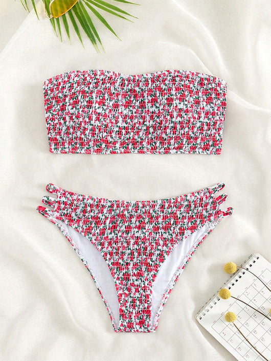 Floral smocked strapless bandeau bikini with high-cut bottoms featuring side straps, in white, teal, and red. - Image 26