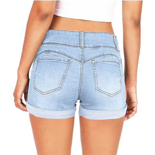 Shorts Denim Ajustados Cintura Elástica Tela Color Hot Pants Mujer - Image 35