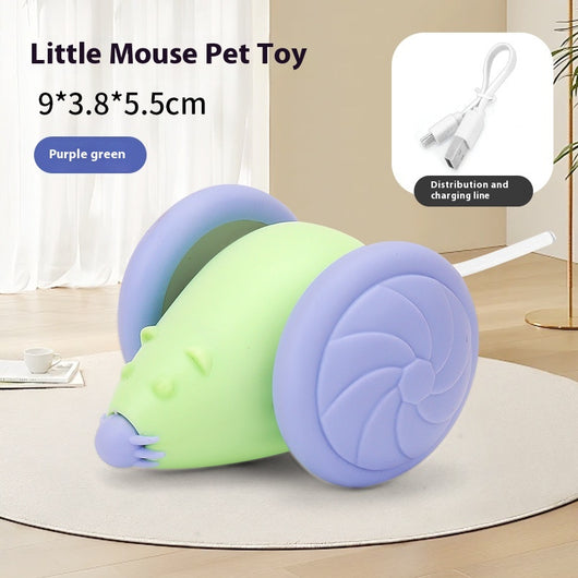 Green and purple mouse pet toy with wheels, USB rechargeable and luminous, shown with a white charging cable. - Image 8