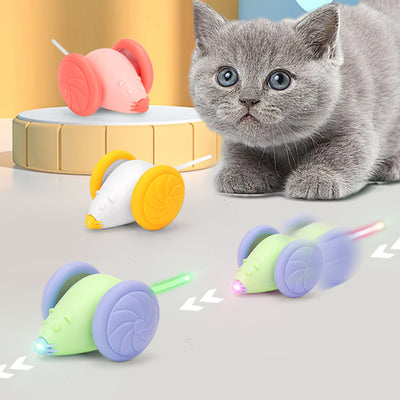 Green and purple mouse pet toy with wheels, USB rechargeable and luminous, shown with a white charging cable. - Image 9
