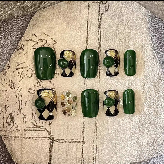 Uñas Postizas Verde Oscuro Doradas - Diseño Artesanal Premium - Image 14