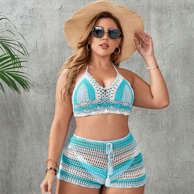 Woman in a blue and white striped crochet two-piece swimsuit with a halter top and high-waisted shorts. - Image 16
