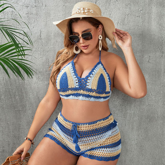 Woman in a blue and white striped crochet two-piece swimsuit with a halter top and high-waisted shorts. - Image 22