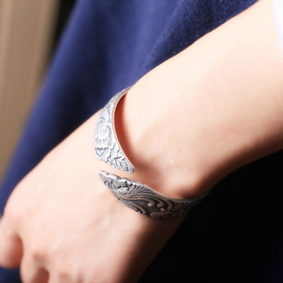 Pulsera de Plata Fina S999 Fénix y Peonía - Estilo Étnico Tailandés Retro Mate para Mujer - Image 7